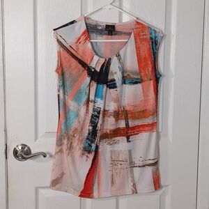 Worthington Funky Abstract Print Blue & Orange Sleeveless Pleated‎ Blouse Size S